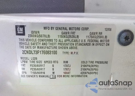 2007 Chevrolet Equinox Lt from USA, damaged, VIN 2CNDL73F176083100